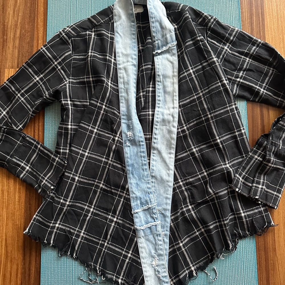 Greg Lauren Black Plaid Kimono Shirt Sz3